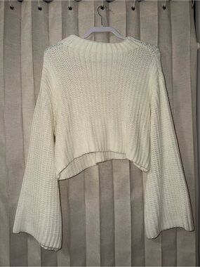 SHEIN Cream Cropped Ribbed Sweater with Bell Sleeves